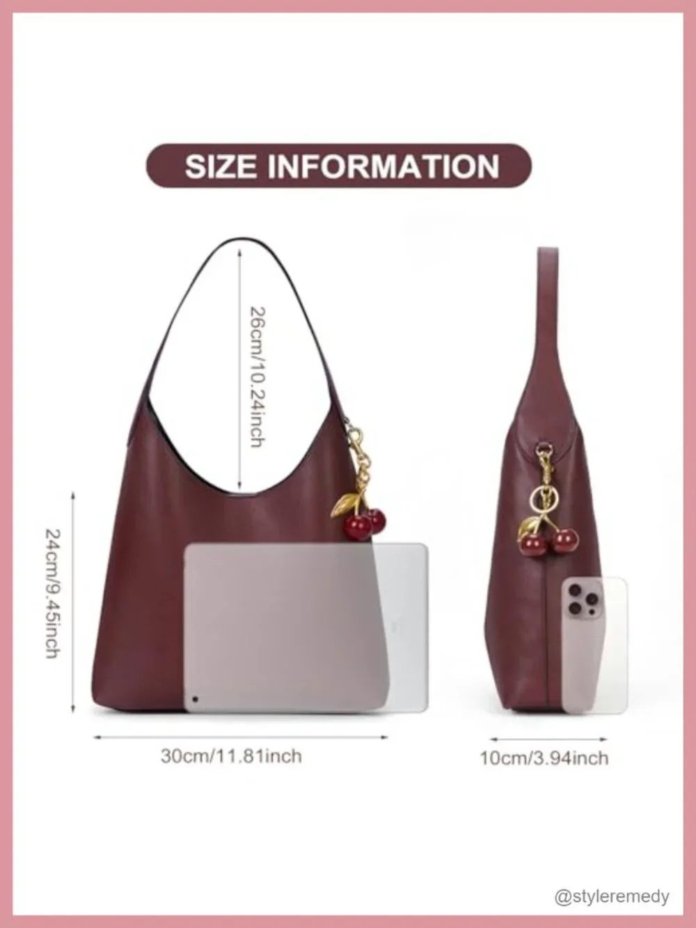 Vegan Leather Hobo Bag with Cherry Charm Slouchy Shoulder Tote